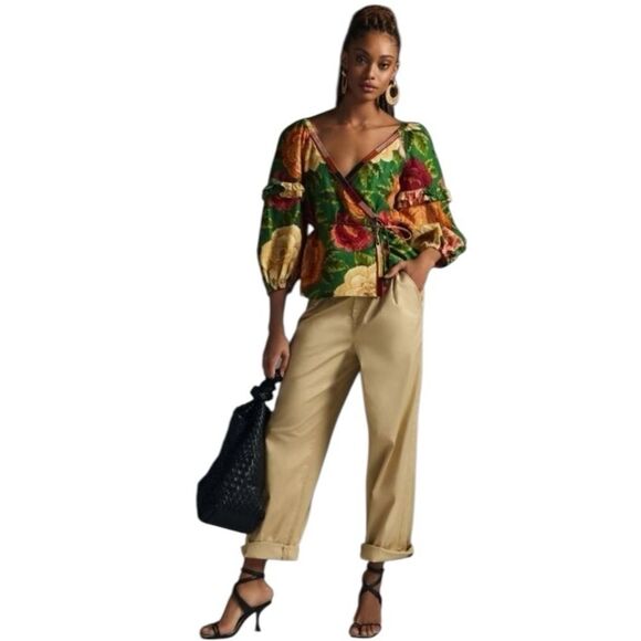 Farm Rio x Anthropologie Wrap Top Puff Sleeve Belted Tropical Colorful Large New - Picture 2 of 16